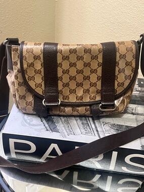 Gucci Beige and Dark Brown Monogram Messenger Bag